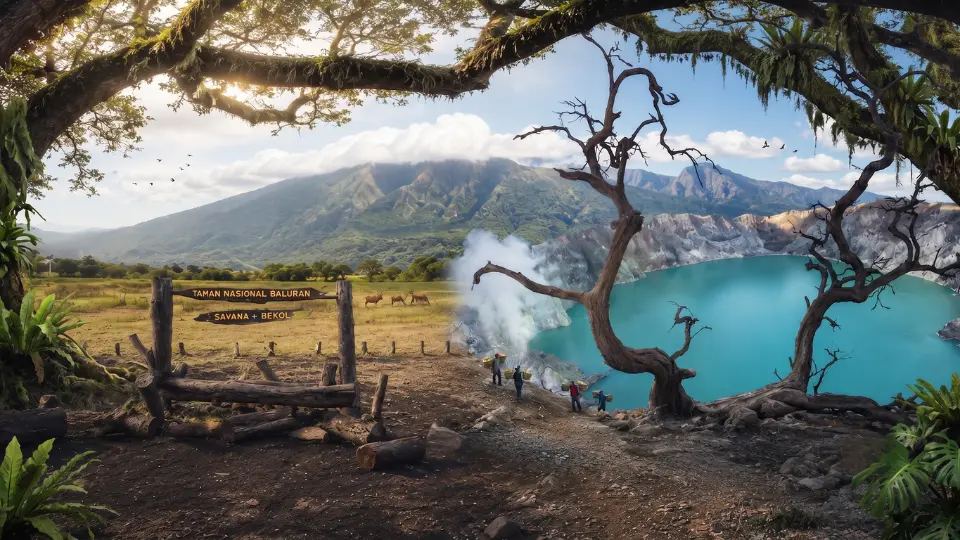 Pemandangan kolase wisata Banyuwangi menampilkan pesona danau asam hijau toska Kawah Ijen dengan pohon mati yang ikonik serta gerbang kayu Taman Nasional Baluran Savana Bekol dengan latar belakang gunung.