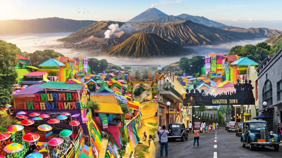 Kolase destinasi wisata populer Jawa Timur menampilkan pemandangan matahari terbit Gunung Bromo, rumah penuh warna di Kampung Warna-Warni Jodipan Malang, dan area Gangster Town di Museum Angkut Batu.