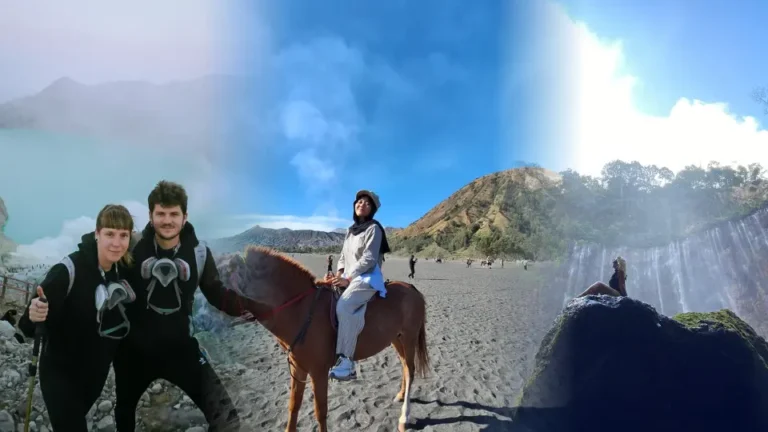 Kolase foto paket wisata Jawa Timur 4 hari 3 malam menampilkan wisatawan asing di Kawah Ijen membawa masker gas, turis menunggangi kuda di Lautan Pasir Gunung Bromo, dan seseorang berfoto di depan Air Terjun Tumpak Sewu.